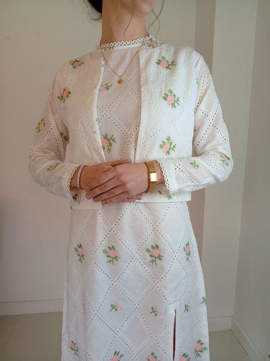 White embroidered dress with floral Cropped pink embroidered cardigan-Relaxed body fit-Round neck -Inside hidden hook closure-full lined body with100% soft fine cotton-Long sleeves with lace -Fabric: 100% Cotton-closeup