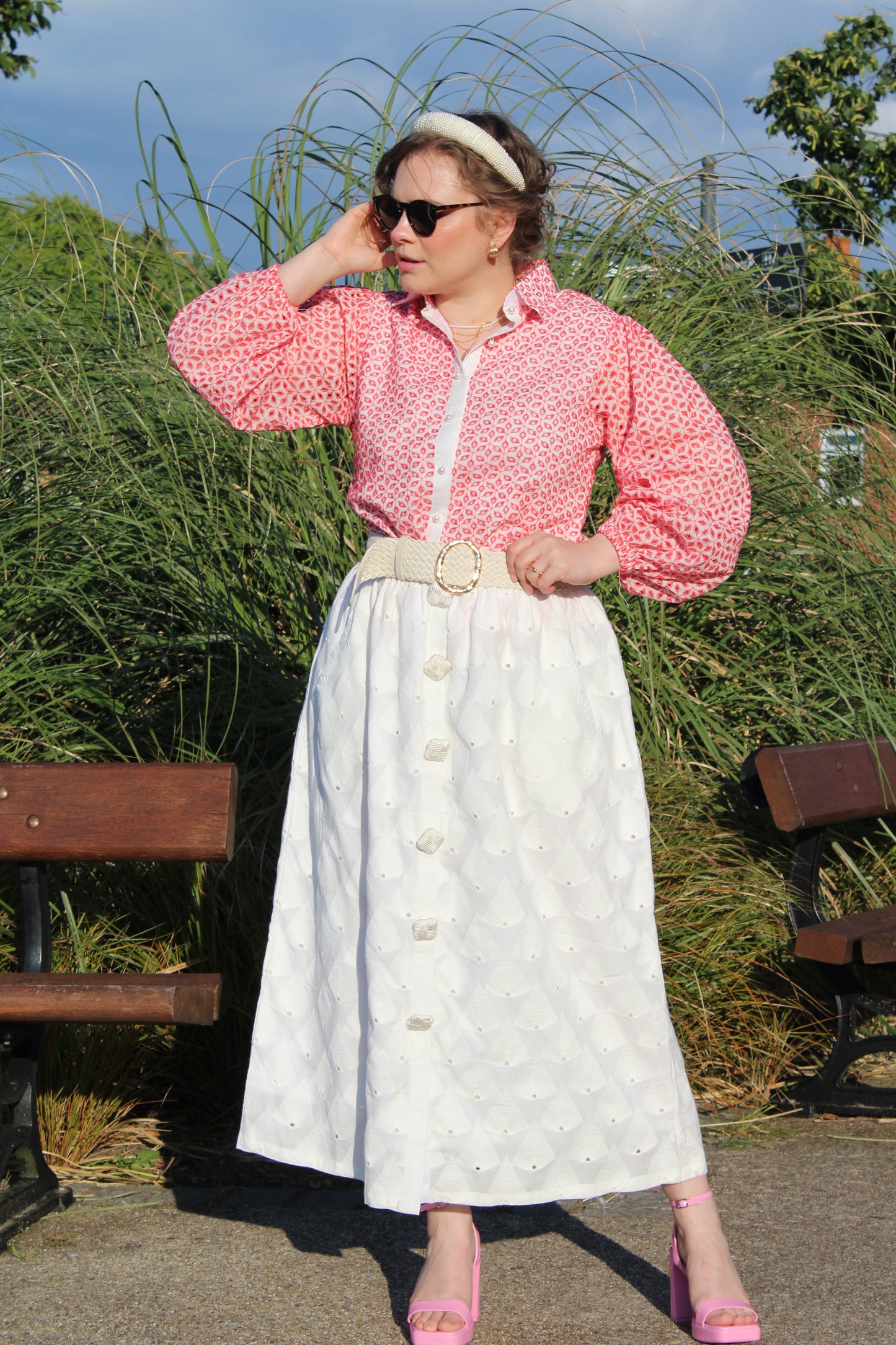 red puff sleeve cotton blouse left side