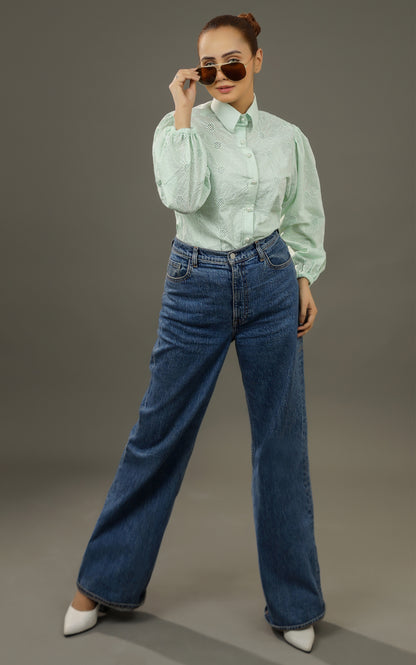 PURE COTTON FLORAL EMBROIDERED SHIRT