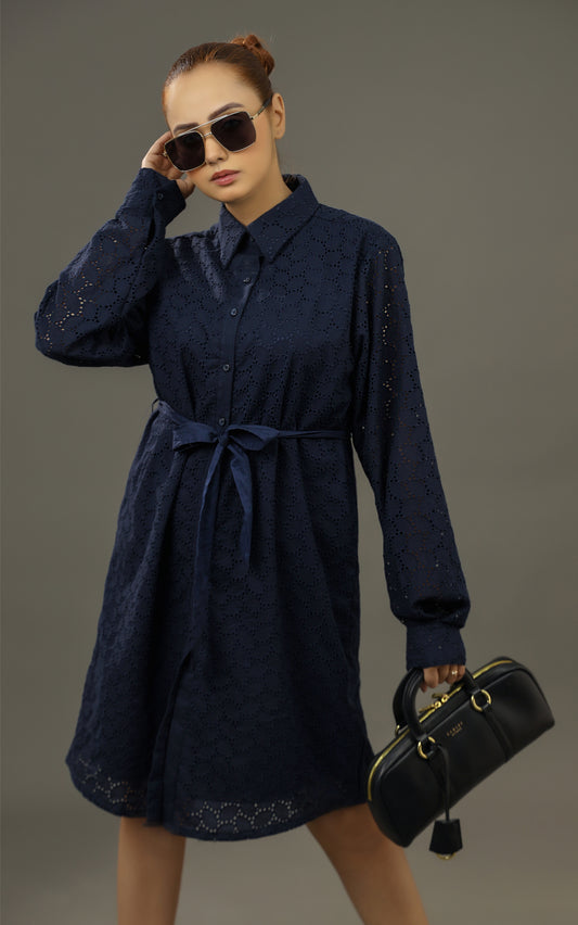 NAVY EMBROIDERY SHIRT DRESS