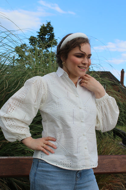 white eyelet puff sleeve cotton blouse front