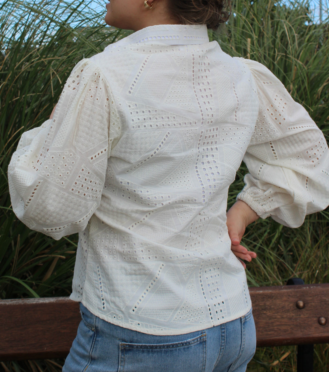 white eyelet puff sleeve cotton blouse front