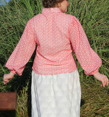 red puff sleeve cotton blouse back-view