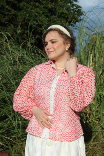 puff sleeve detail red cotton blouse- front-view