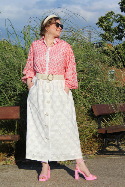 red puff sleeve cotton blouse front side