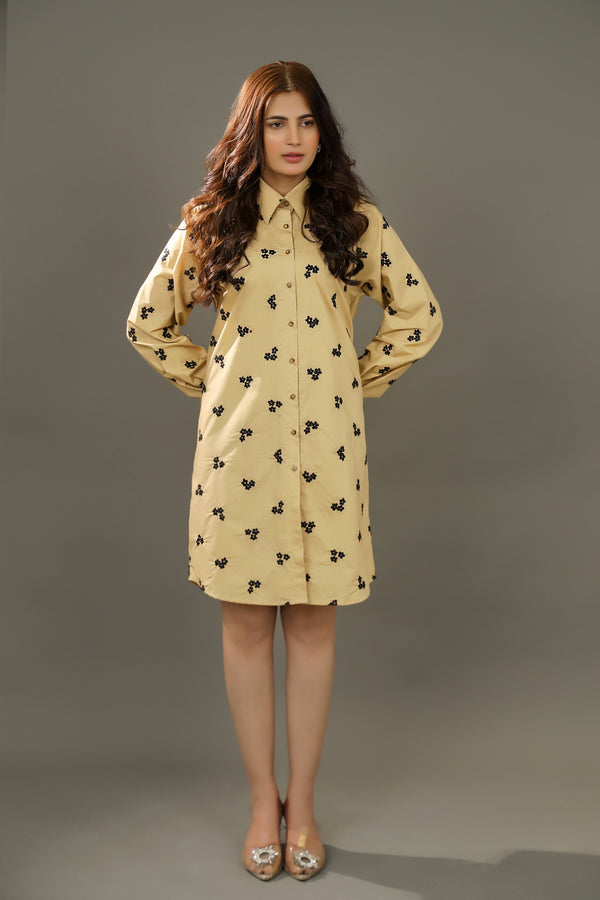 Woman wearing a beige dress with floral pattern Premium-organic-cotton-summer-woman-top-floral--embroidery-fullsleeve-shirtdress-frontview