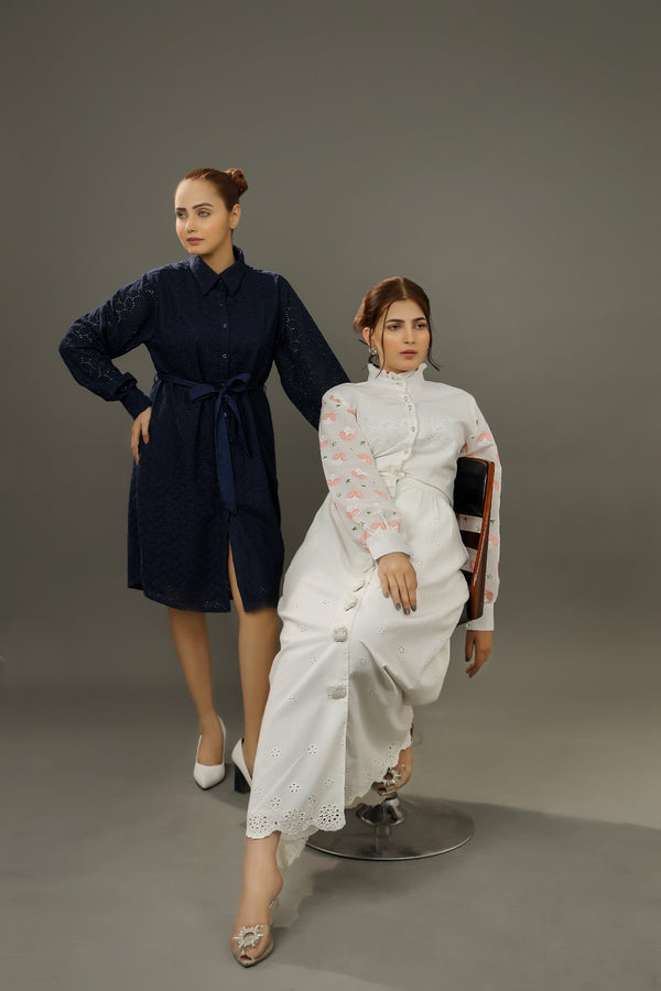 Two woman wearing Premium-organic-cotton-summer-woman-top-floral-embroidery-fullsleeve-shirtdress-front-closeup