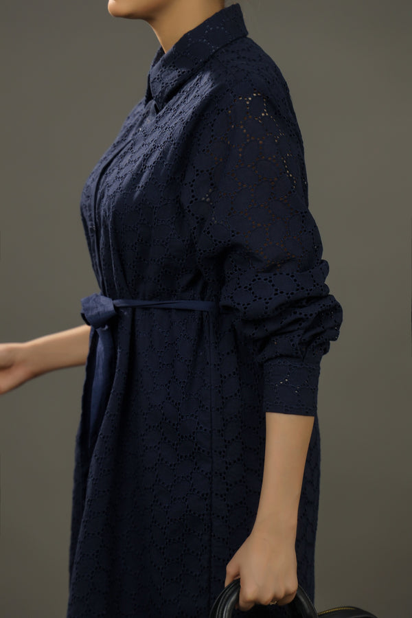 Navy blue dress with a belt on a plain backgroundPremium-organic-cotton-summer-woman-top-floral--embroidery-fullsleeve-shirtdress-side-closeup