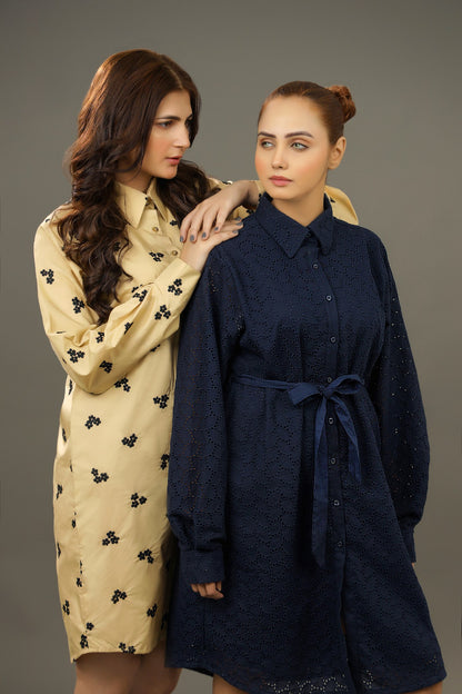 Two women wearing long dresses against a gray background Premium-organic-cotton-summer-woman-top-floral-embroidery-fullsleeve-shirtdress-sideview