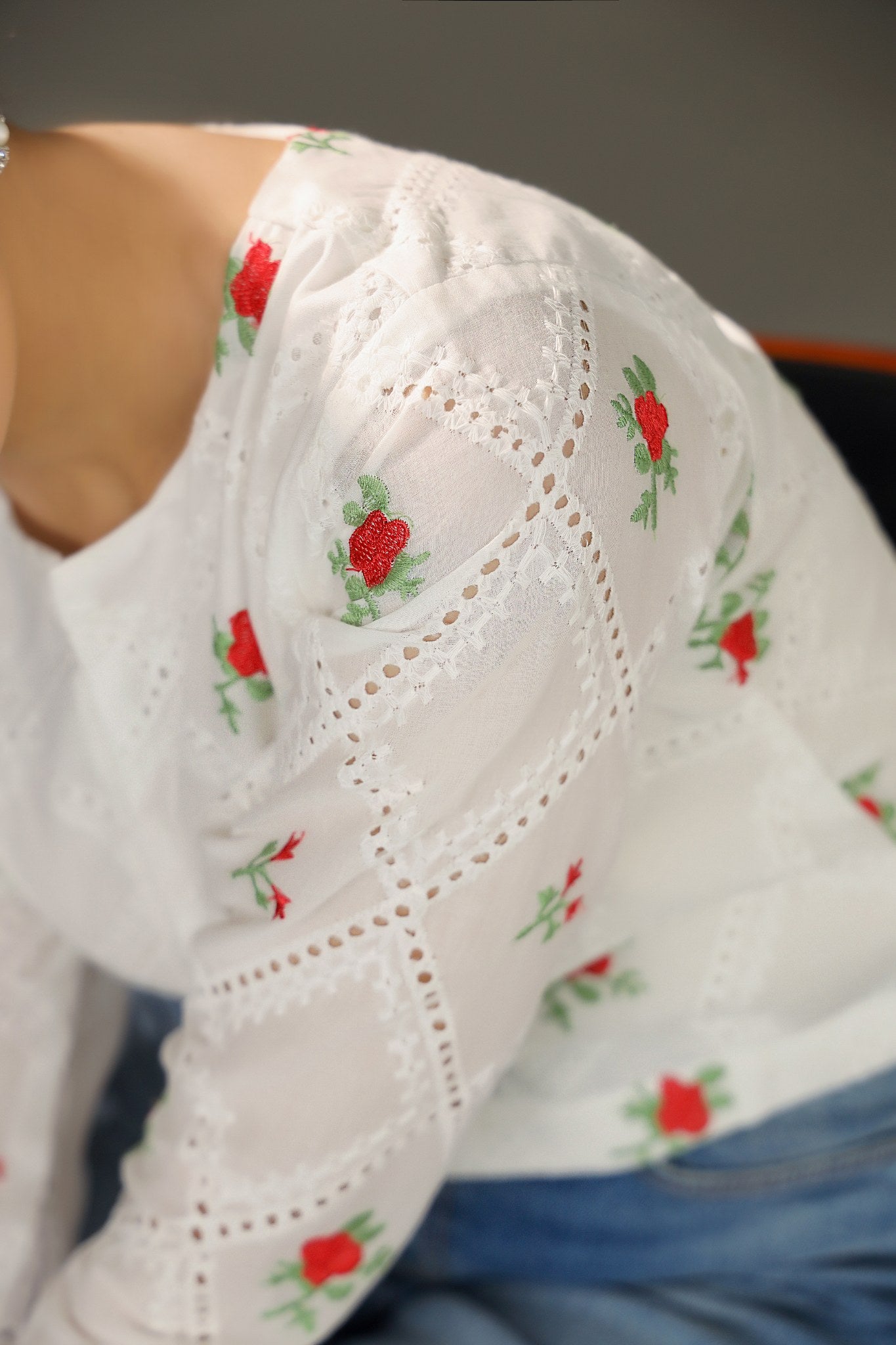 White blouse with red floral embroidery Premium-organic-cotton-summer-woman-top-floral-red-embroidery-fullsleeve-frontcloseup blouse